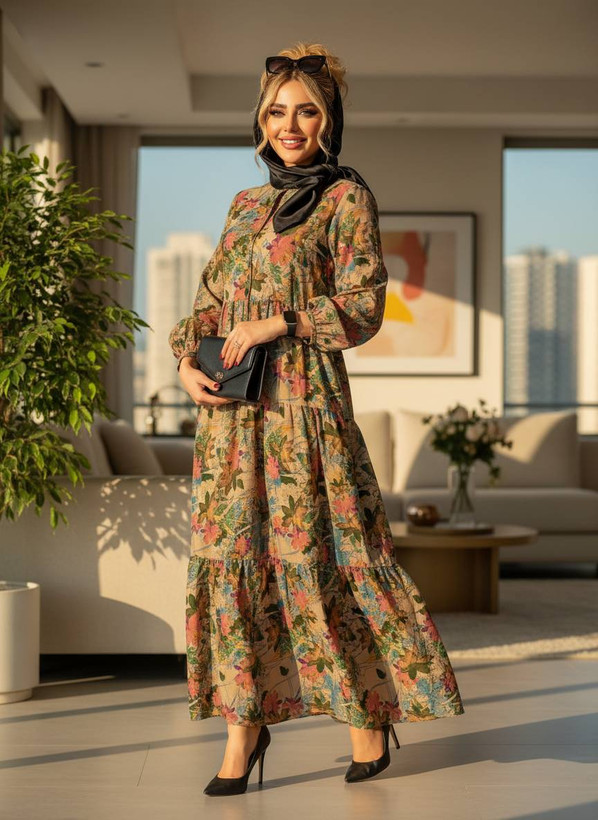 پیراهن نخی یقه چین شمیم کد 6991🌙🌼