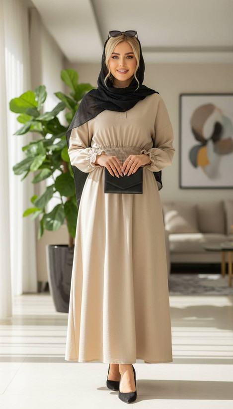 پیراهن لینن کمر ماسوره تک رنگ کرم 🎀🥰جذاب کد 7509 دلتا