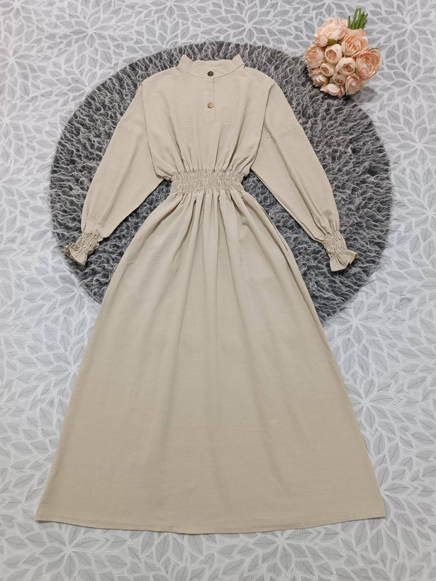 پیراهن لینن کمر ماسوره تک رنگ کرم 🎀🥰جذاب کد 7509 دلتا