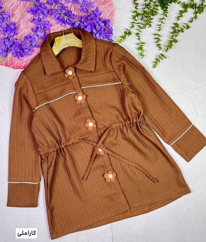 مانتو گل بابونه کد 7591 ماه بانو🛍️✅تک رنگ کاراملی