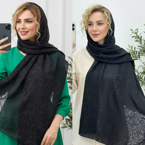 شال مهتاب جنس ژاکارد دورو ترک رنگ مشکی در طرح بندی ✅️✅️کد۷۹۰۸ ست شو
