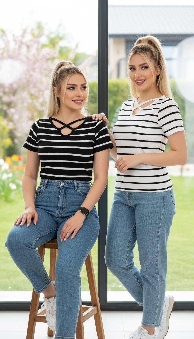 تیشرت راه راه یقه ضربدری فانریپ کبریتی تک رنگ سفید 🎀 🎀 کد ۱۱۹۶۸ دلتا