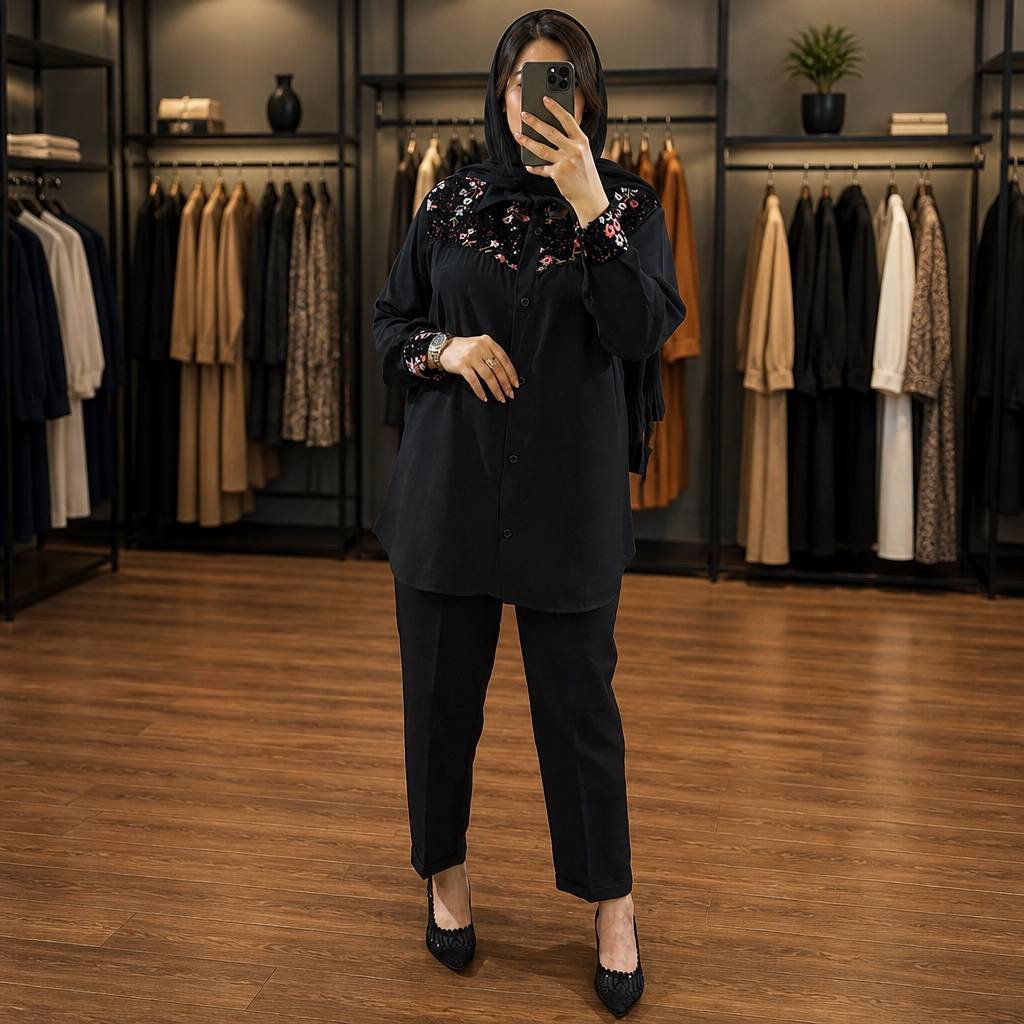 شومیز شکوفه طرح 1 با کیفیت عالی تک رنگ مشکی کد 14017چیچک