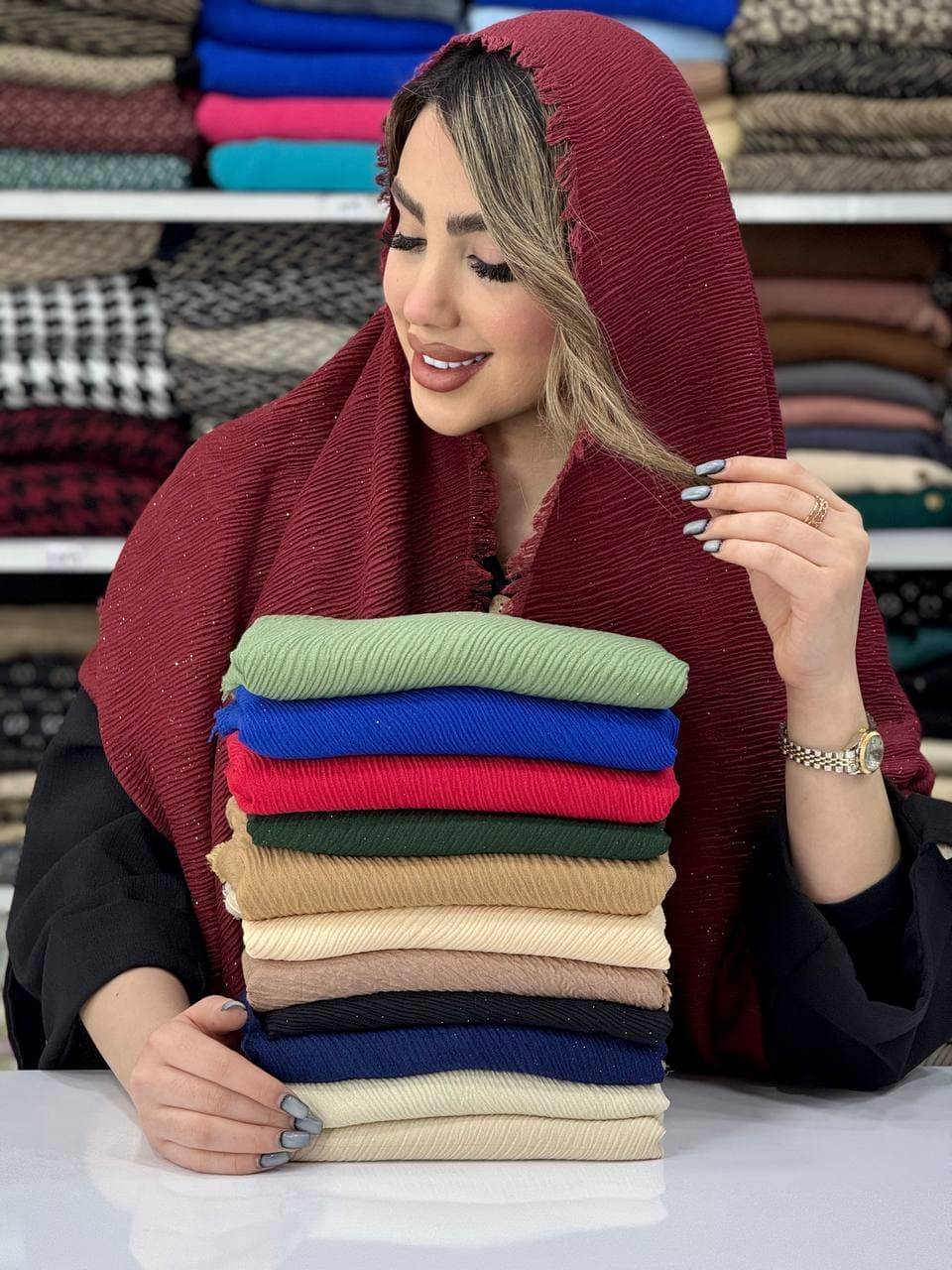 شال دور ریش نخ پلیسه زیبا و شیک در رنگبندی زیبا 🎀 🎀 کد ۱۲۵۳۷ ستشو