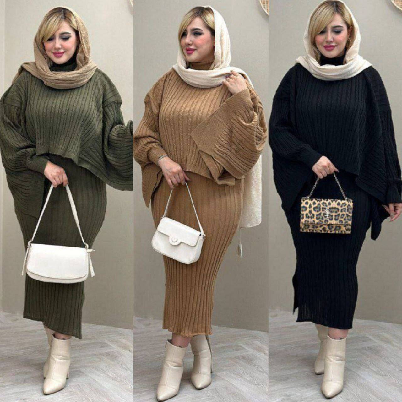 ست سارافون و کت بافت ستین تک رنگ مشکی😍❤️✅100177ارغوان