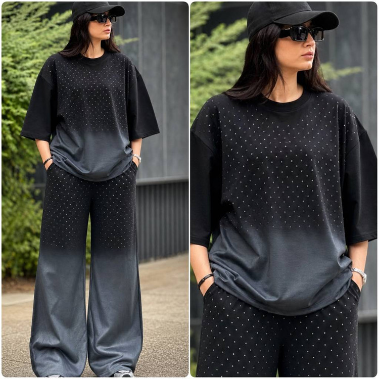 ست تیشرت شلوار کهکشان پنبه گلکسی نگین کاری کد 15418الیشکا