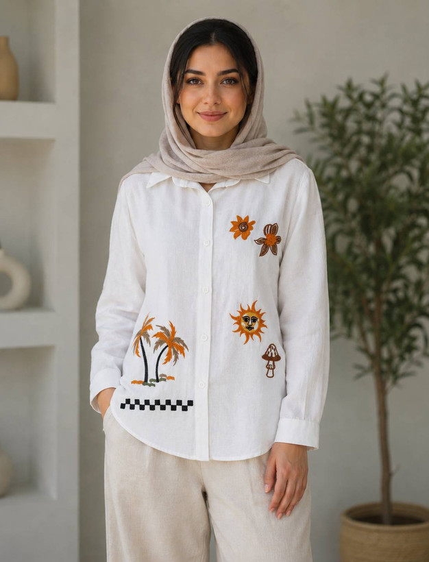 شومیز طرح نخل وخورشید داکرون درجه یک تنخور عالی در رنگبندی 🌈 🌈 کد ۱۲۵۸۰ فاروین