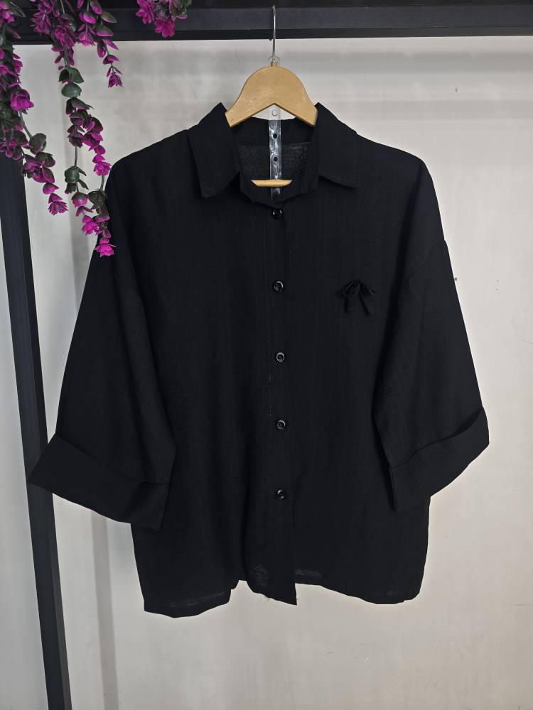 شومیز تک پاپیون زیبا و جذاب تنخور عالی تکرنگ مشکی 🎀 🎀 کد ۱۶۶۳۲ ستشو