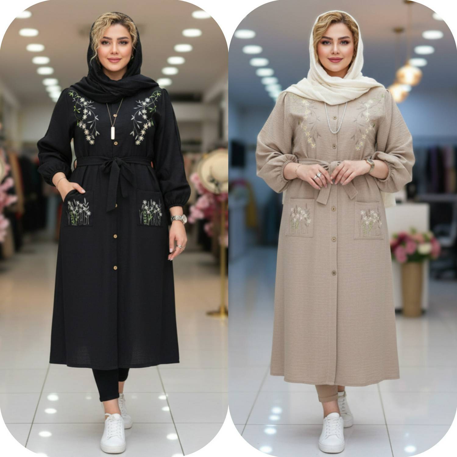 مانتو بلند گلدوزی نهال جنس شانتون اعلا در رنگ بندی کد 4654 والیا