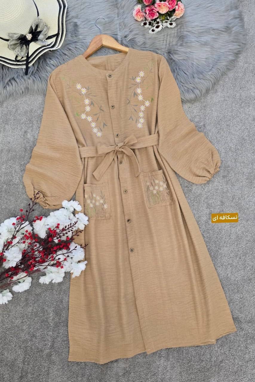 مانتو بلند گلدوزی نهال جنس شانتون اعلا در رنگ بندی کد 4654 والیا