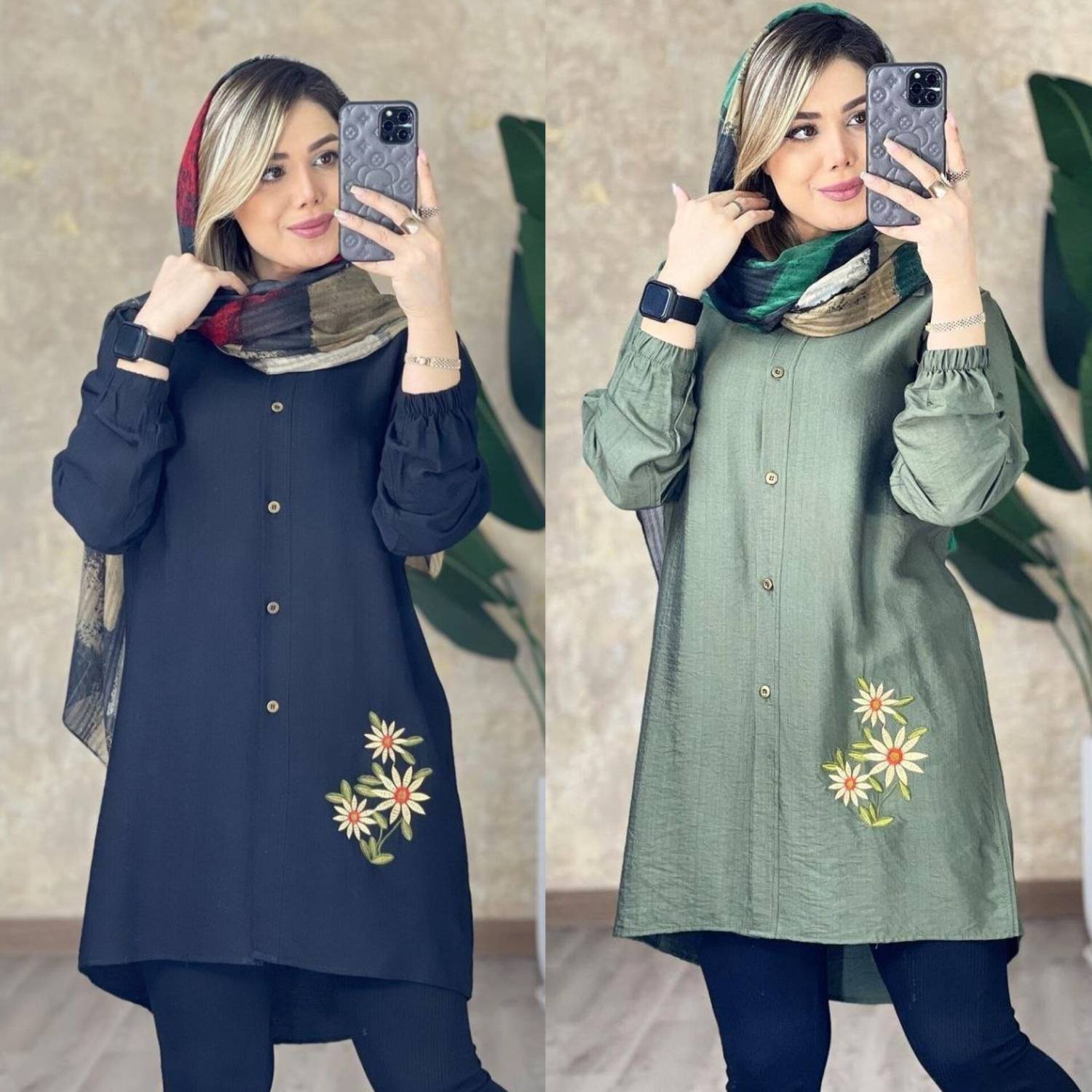 شومیز مانتویی سه گل بابونه در رنگ بندی زیبا کد 18066 والیا