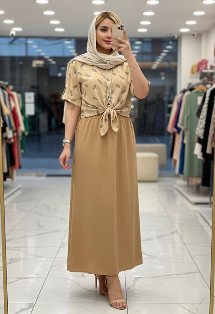 ست شومیز گره ای و دامن بهناز با کیفیت عالی در رنگ بندی کد 18185 والیا