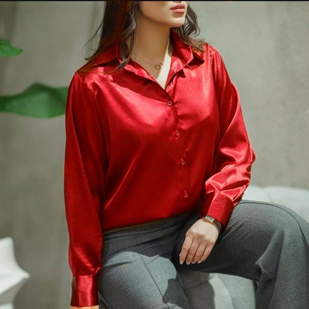 شومیز ساتن تنخور زیبا و شیک 🎀😍کد 7376 ترمه