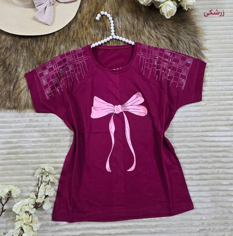 تیشرت باکسی نگینی پاپیون نخ پنبه اعلا در رنگ بندی کد18247 سارین