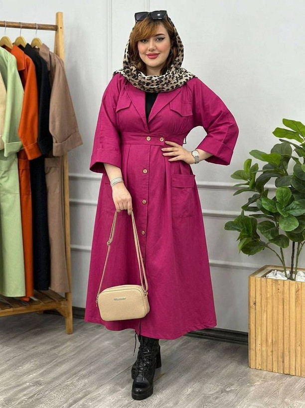 کفتان بلند پارمیدا لنین نچرال با کیفیت تک رنگ سرخابی کد19540 الیشکا