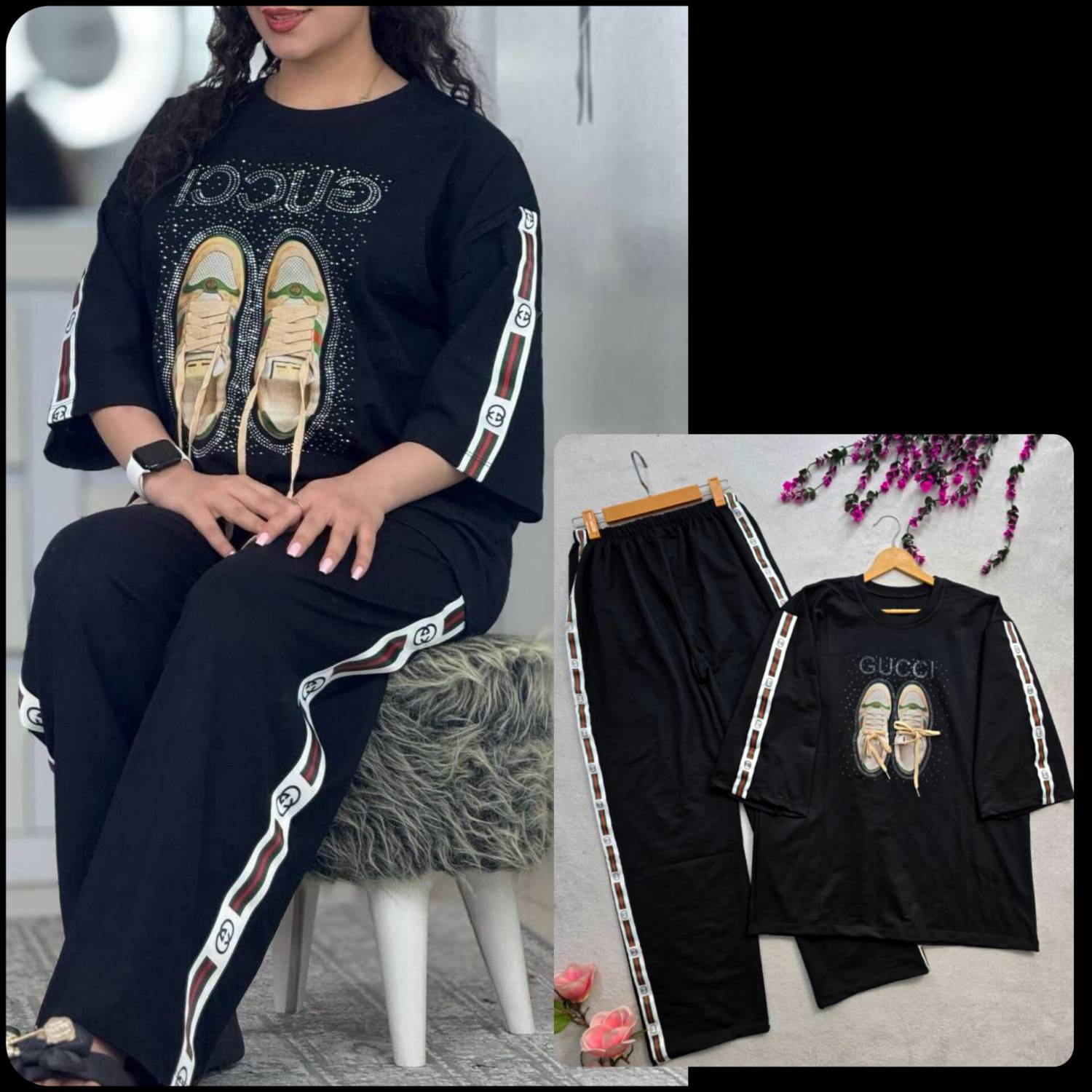 ست تیشرت شلوار کتونی پنبهگلکسی با کیفیت تکرنگ مشکی 🎀🎀 کد ۱۵۹۹۶ ستشو