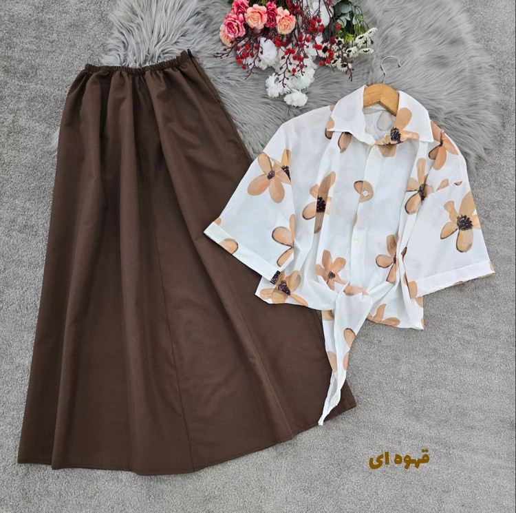 ست شومیز گره ای و دامن همتا شومیز بوگاتی و دامن لنینت در رنگ بندی کد 20985 والیا