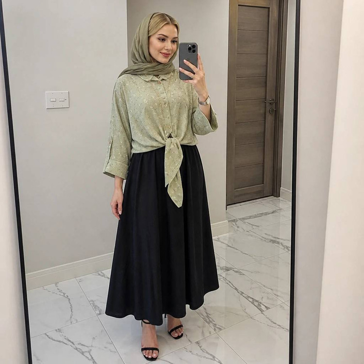 ست شومیز گره ای و دامن ستوده شومیز گل گچی و دامن شانتون کد 21088 والیا