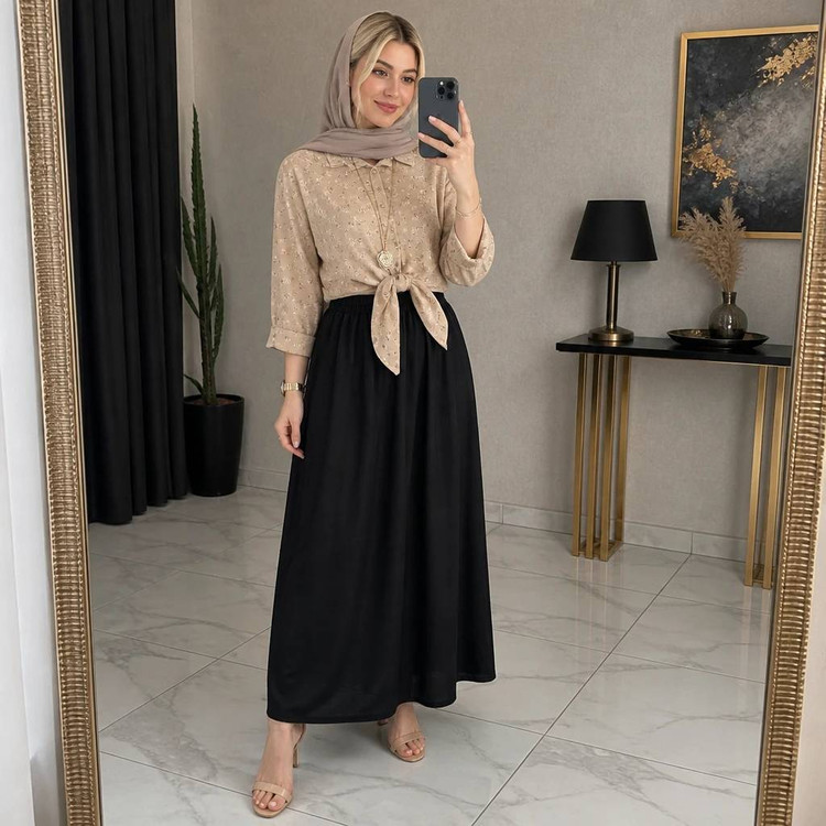 ست شومیز گره ای و دامن ستوده شومیز گل گچی و دامن شانتون کد 21088 والیا