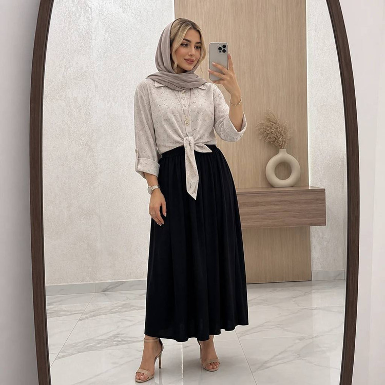 ست شومیز گره ای و دامن ستوده شومیز گل گچی و دامن شانتون کد 21088 والیا