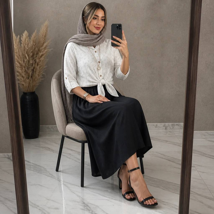 ست شومیز گره ای و دامن ستوده شومیز گل گچی و دامن شانتون کد 21088 والیا