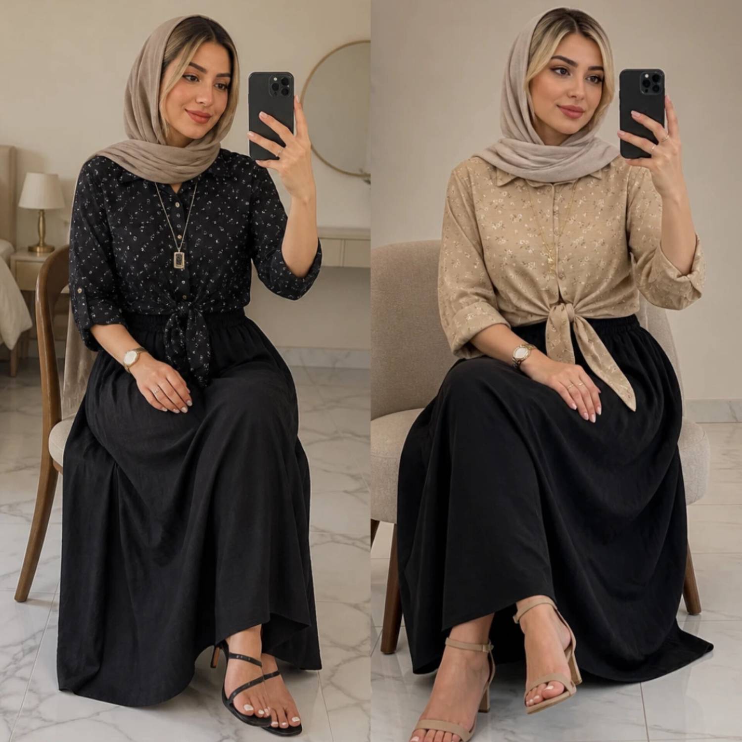 ست شومیز گره ای و دامن ستوده شومیز گل گچی و دامن شانتون کد 21088 والیا