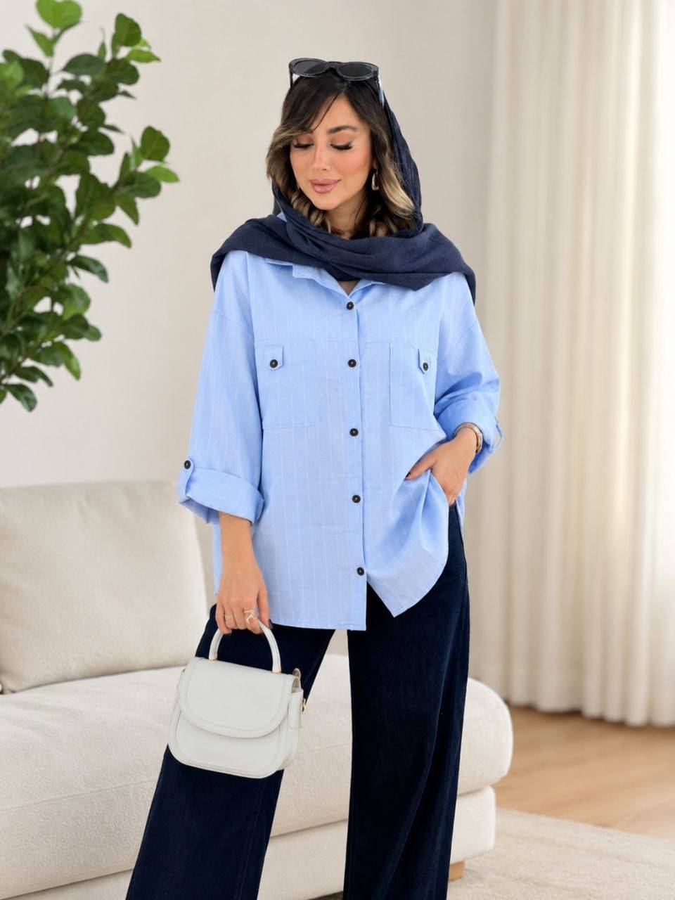 شومیز مانتویی صنم 🌿 با پارچه شانتون درجه ۱ ✅ و رنگ بندی ✅ساری19661