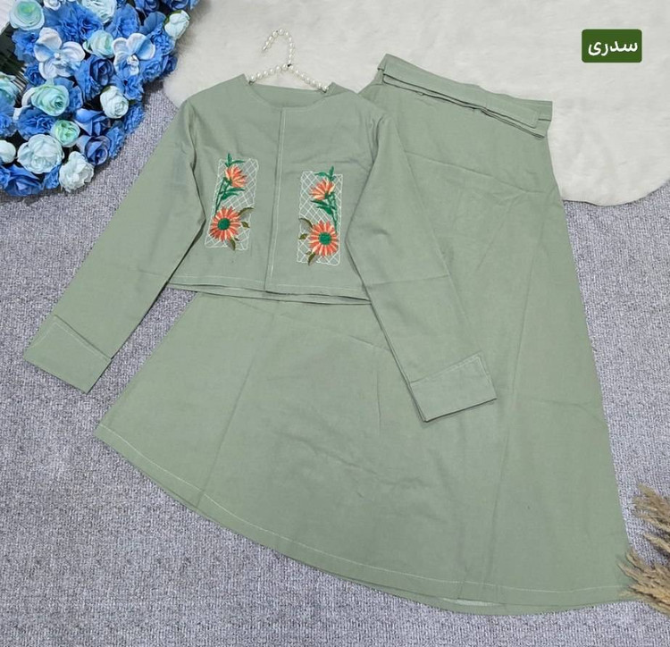 ست کت و دامن گلدوزی آنیل 🌿 با رنگبندی و کیفیت عالی ✅ساری2090۲