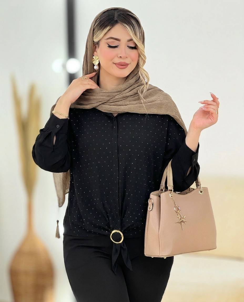 شومیز مجلسی نغمه 🌿 با پارچه الیزه با کیفیت و نگین کاری شده ✅الیش16858