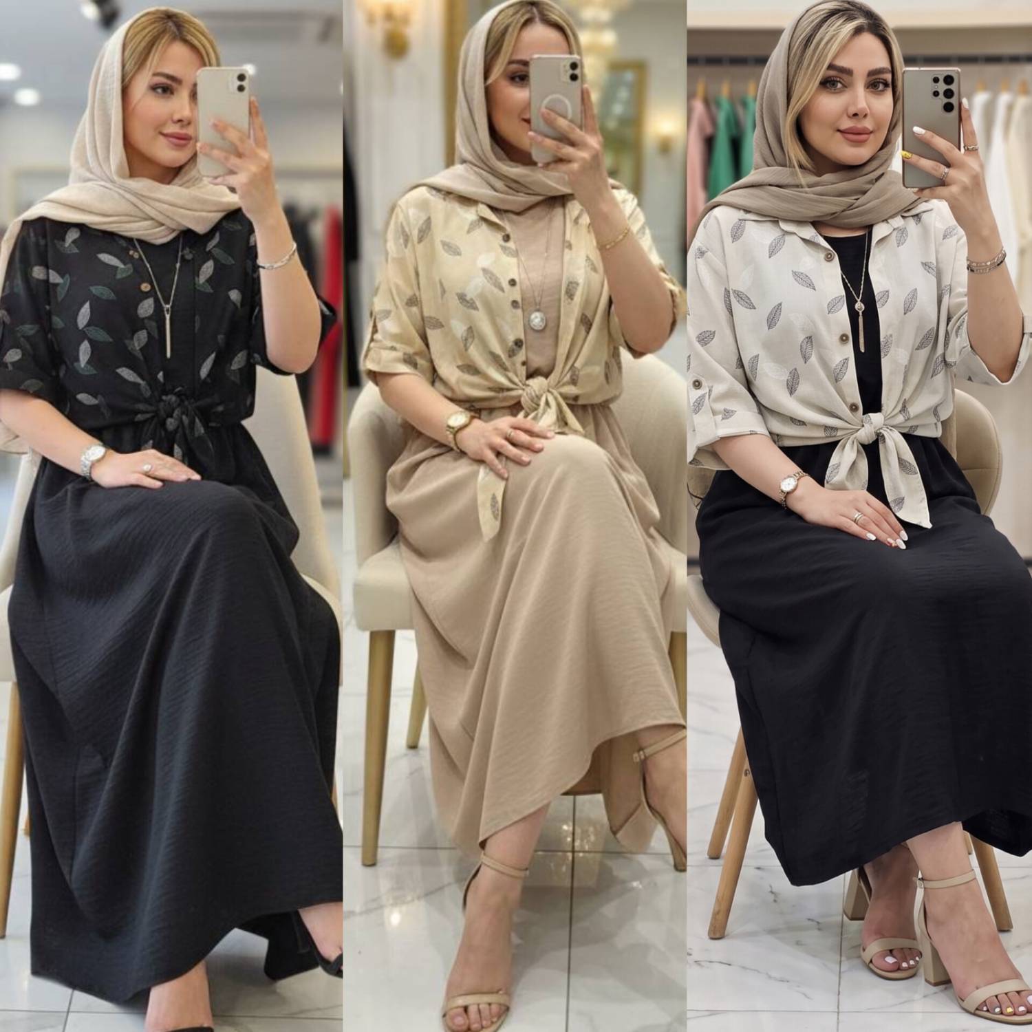 شومیز گره‌ای و سارافون شایلی 🌿 با رنگ بندی و کیفیت عالی ✅والی15644
